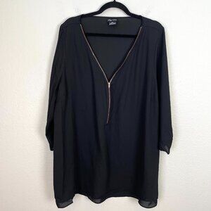 City Chic Womens Plus XXL Black Zipper Front Blouse 3/4 Sleeve Shirt Top